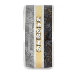 Men's Platinum Band With Meteorite, Dinosaur Bone, And Diamonds -Johan Jewelry Shop 2487FlatCrushed