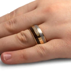 Men's Platinum Band With Meteorite, Dinosaur Bone, And Diamonds -Johan Jewelry Shop 2487Handshot 2