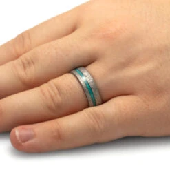 Gibeon Meteorite Wedding Band With Crushed Opal Strip, Titanium Ring -Johan Jewelry Shop 2488Handshot