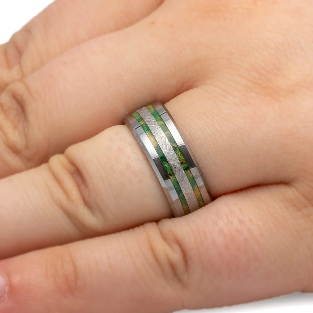 Men's Meteorite Wedding Band With Green Wood 6 Men's Meteorite Wedding Band With Green Wood - Image 4