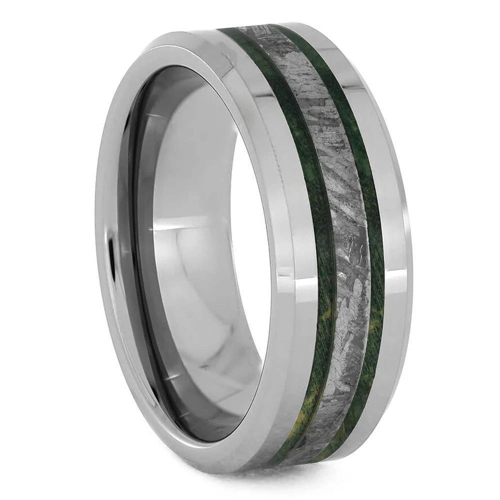 Men's Meteorite Wedding Band With Green Wood 4 Men's Meteorite Wedding Band With Green Wood - Image 2