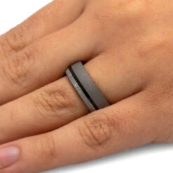Meteorite & Ebony Wood Sandblasted Titanium Men's Ring 9 Meteorite & Ebony Wood Sandblasted Titanium Men's Ring -Johan Jewelry Shop 2493 Handshot