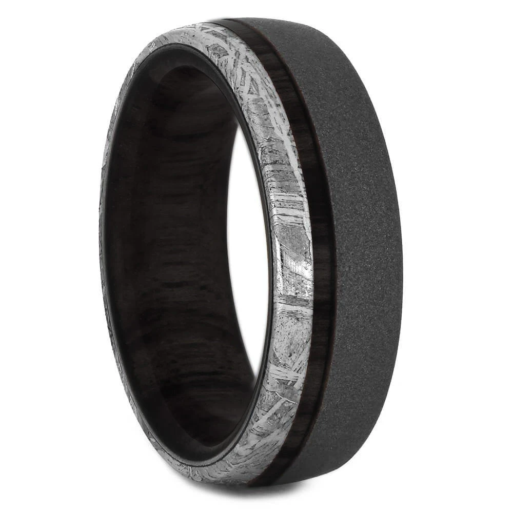 Meteorite & Ebony Wood Sandblasted Titanium Men's Ring 4 Meteorite & Ebony Wood Sandblasted Titanium Men's Ring - Image 2