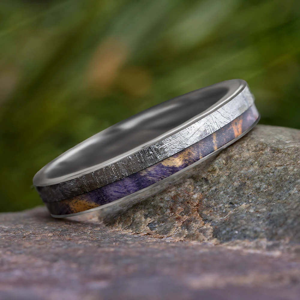 Purple Wedding Band With Wood & Meteorite 3 Purple Wedding Band With Wood & Meteorite
