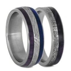 Purple & Blue Burl Wood & Meteorite Wedding Band Set -Johan Jewelry Shop 2495new