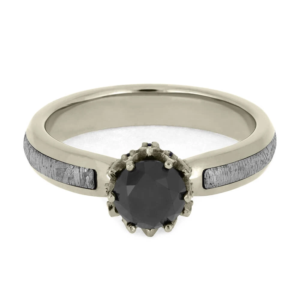 Meteorite Engagement Ring, Black Diamond With Sapphire Lotus Setting 7 Meteorite Engagement Ring, Black Diamond With Sapphire Lotus Setting - Image 5
