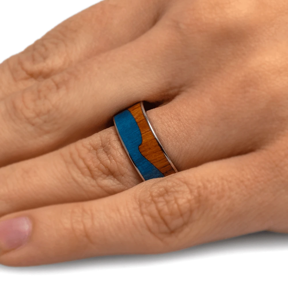 Wavy Wedding Band, Blue Box Elder & Koa Wood Beach Wedding Ring 6 Wavy Wedding Band, Blue Box Elder & Koa Wood Beach Wedding Ring - Image 4