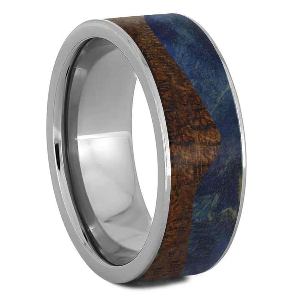 Wavy Wedding Band, Blue Box Elder & Koa Wood Beach Wedding Ring 4 Wavy Wedding Band, Blue Box Elder & Koa Wood Beach Wedding Ring - Image 2
