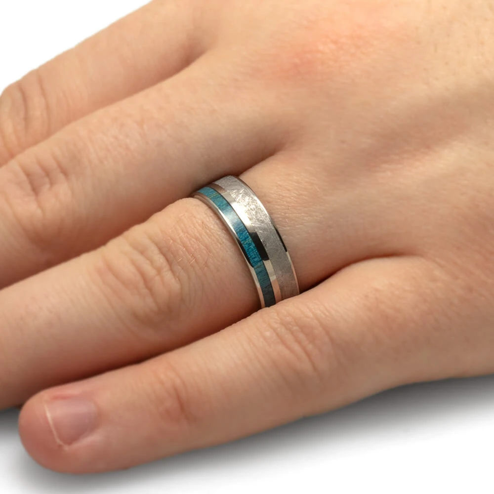 Meteorite & Blue Wood Men's Wedding Band With Pinstripe 6 Meteorite & Blue Wood Men's Wedding Band With Pinstripe - Image 4