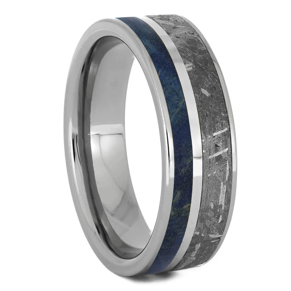 Meteorite & Blue Wood Men's Wedding Band With Pinstripe 4 Meteorite & Blue Wood Men's Wedding Band With Pinstripe - Image 2
