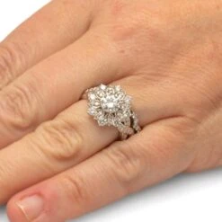 Diamond Bridal Set With White Gold Flower Halo Design -Johan Jewelry Shop 2515Handshot