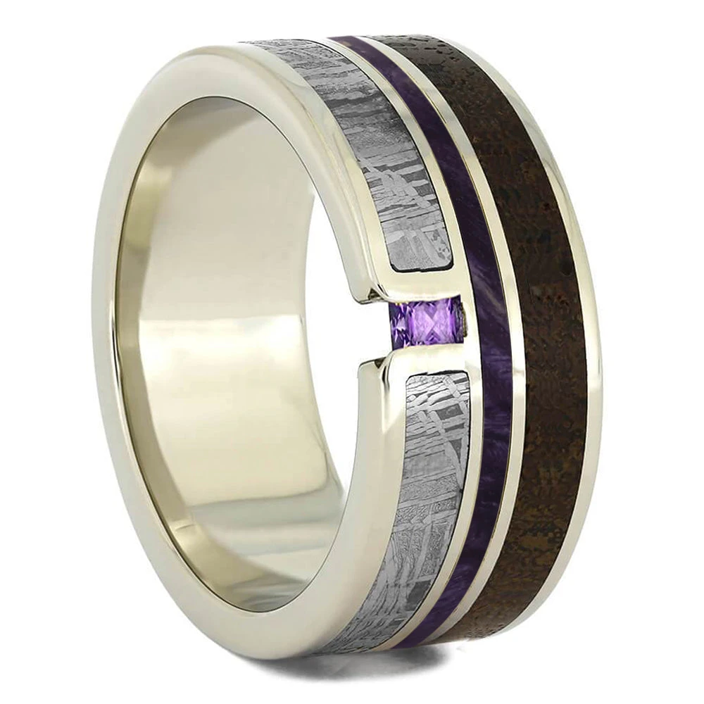 Amethyst Wedding Ring With Dinosaur Bone, Meteorite And Purple Wood 4 Amethyst Wedding Ring With Dinosaur Bone, Meteorite And Purple Wood - Image 2