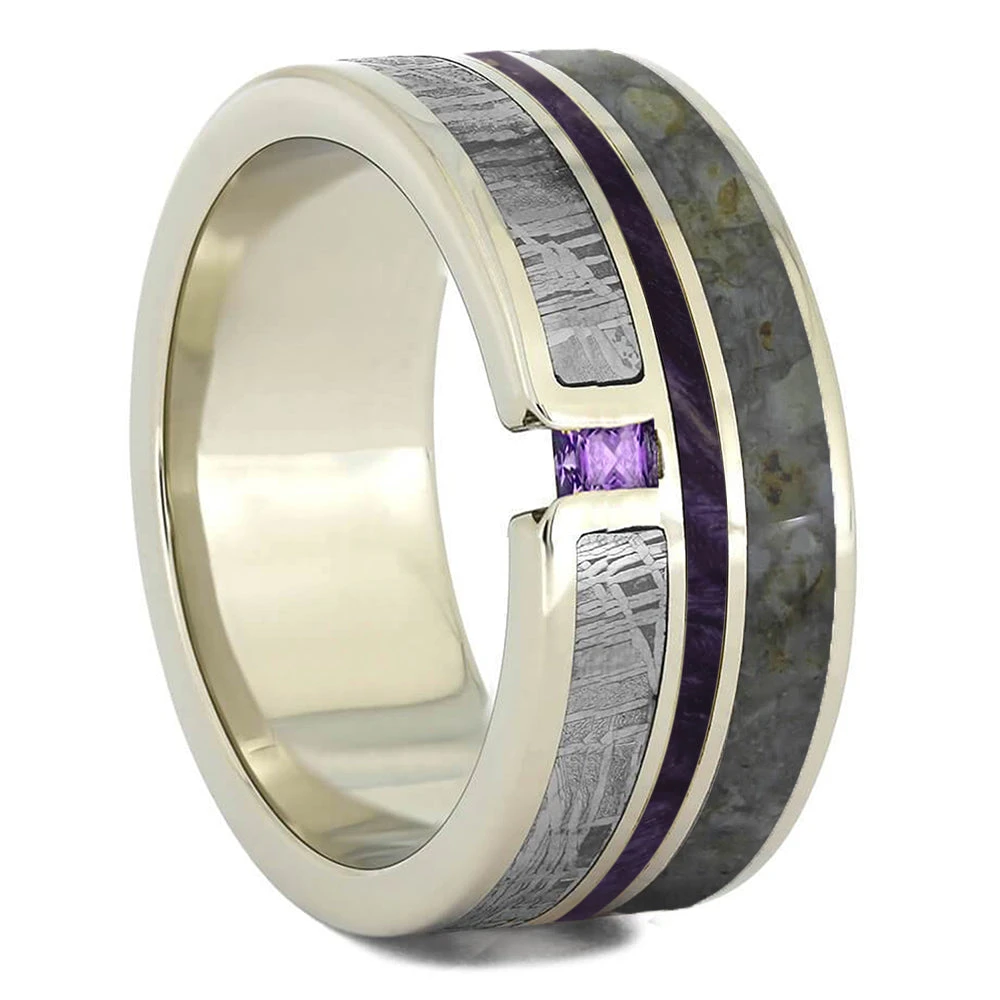 Amethyst Wedding Ring With Dinosaur Bone, Meteorite And Purple Wood 7 Amethyst Wedding Ring With Dinosaur Bone, Meteorite And Purple Wood - Image 5