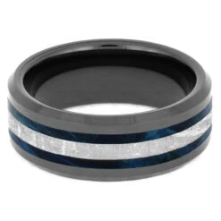 Meteorite & Blue Burl Wood Ring, Blue Wedding Band -Johan Jewelry Shop 25444