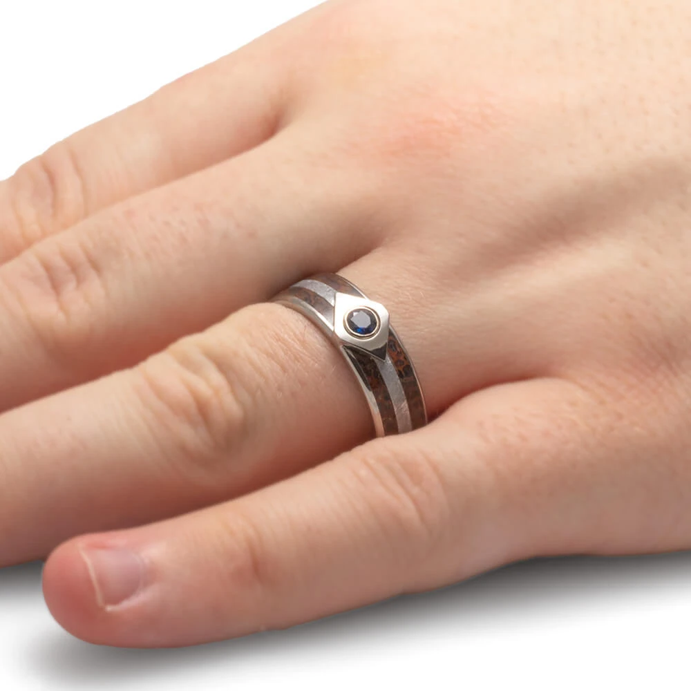 Meteor Engagement Ring With Sapphire, Titanium Ring Inlaid With Dinosaur Bone 8 Meteor Engagement Ring With Sapphire, Titanium Ring Inlaid With Dinosaur Bone - Image 6