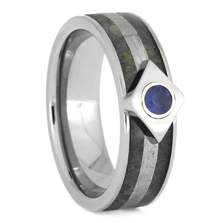 Meteor Engagement Ring With Sapphire, Titanium Ring Inlaid With Dinosaur Bone 9 Meteor Engagement Ring With Sapphire, Titanium Ring Inlaid With Dinosaur Bone - Image 7