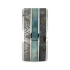 Meteorite, Chrysocolla & Dinosaur Bone Men's Wedding Band, 10mm Ring -Johan Jewelry Shop 2568FlatCrushed