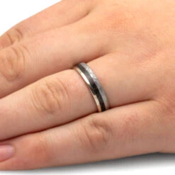 Meteorite & Dinosaur Bone Wedding Band 7 Meteorite & Dinosaur Bone Wedding Band -Johan Jewelry Shop 2580 Handshot