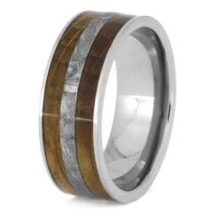 Whiskey Oak Ring With Meteorite, Wooden Men's Wedding Band -Johan Jewelry Shop 2585 Walles Stacked 3