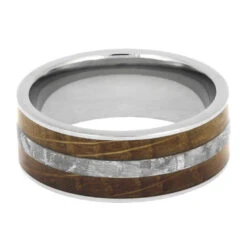 Whiskey Oak Ring With Meteorite, Wooden Men's Wedding Band -Johan Jewelry Shop 2585 Walles Stacked 4