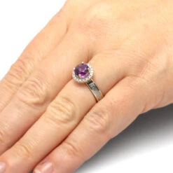 Amethyst Engagement Ring With Moissanite Halo & Meteorite -Johan Jewelry Shop 2590 Handshot