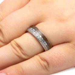 Mother Of Pearl Wedding Ring With Dinosaur Bone And Meteorite, Wood Sleeve Ring 10 Mother Of Pearl Wedding Ring With Dinosaur Bone And Meteorite, Wood Sleeve Ring -Johan Jewelry Shop 2593 2E