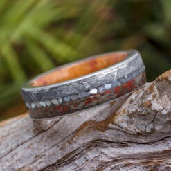 Mother Of Pearl Wedding Ring With Dinosaur Bone And Meteorite, Wood Sleeve Ring