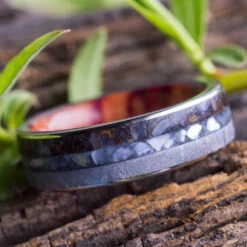 Mother Of Pearl Wedding Ring With Dinosaur Bone And Meteorite, Wood Sleeve Ring 11 Mother Of Pearl Wedding Ring With Dinosaur Bone And Meteorite, Wood Sleeve Ring -Johan Jewelry Shop 2593 4E