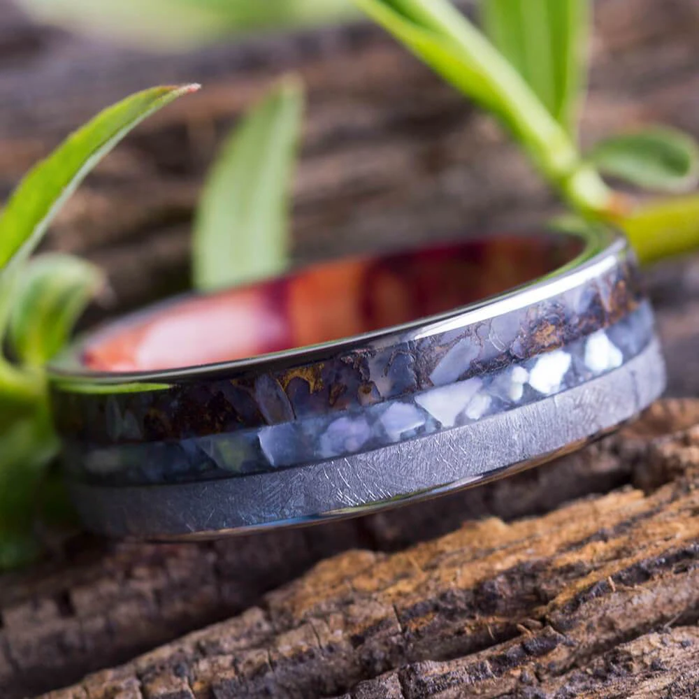 Mother Of Pearl Wedding Ring With Dinosaur Bone And Meteorite, Wood Sleeve Ring 7 Mother Of Pearl Wedding Ring With Dinosaur Bone And Meteorite, Wood Sleeve Ring - Image 5