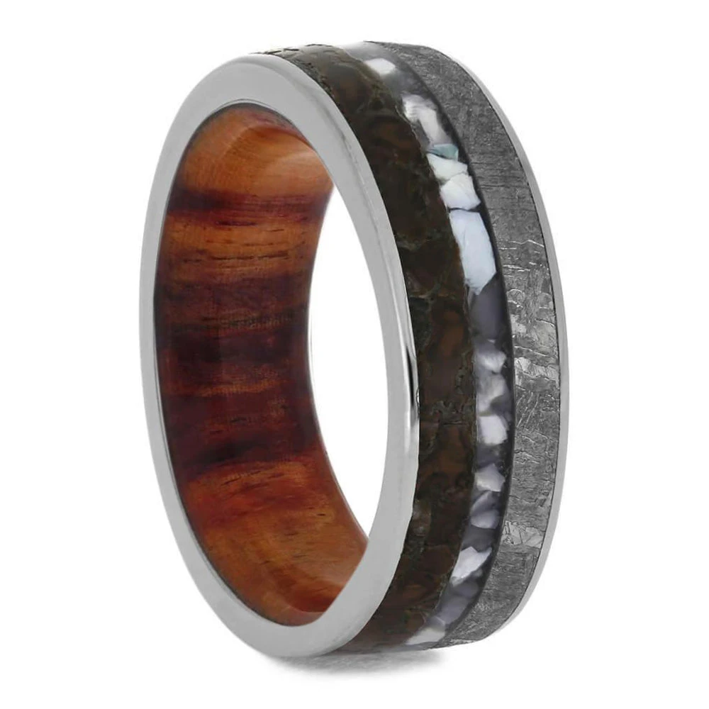 Mother Of Pearl Wedding Ring With Dinosaur Bone And Meteorite, Wood Sleeve Ring 4 Mother Of Pearl Wedding Ring With Dinosaur Bone And Meteorite, Wood Sleeve Ring - Image 2
