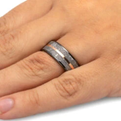 Meteorite Men's Wedding Band With Gold Pinstripe -Johan Jewelry Shop 2595 Handshot