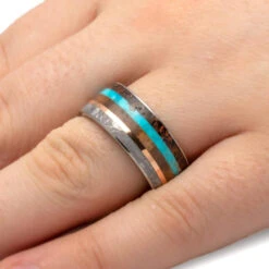 Men's Wedding Band With Whiskey Oak Sleeve, Turquoise, Meteorite & Dinosaur Bone -Johan Jewelry Shop 2599 2E