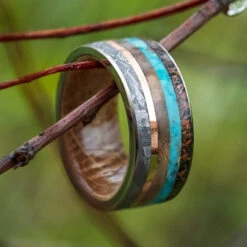 Men's Wedding Band With Whiskey Oak Sleeve, Turquoise, Meteorite & Dinosaur Bone -Johan Jewelry Shop 2599 4E
