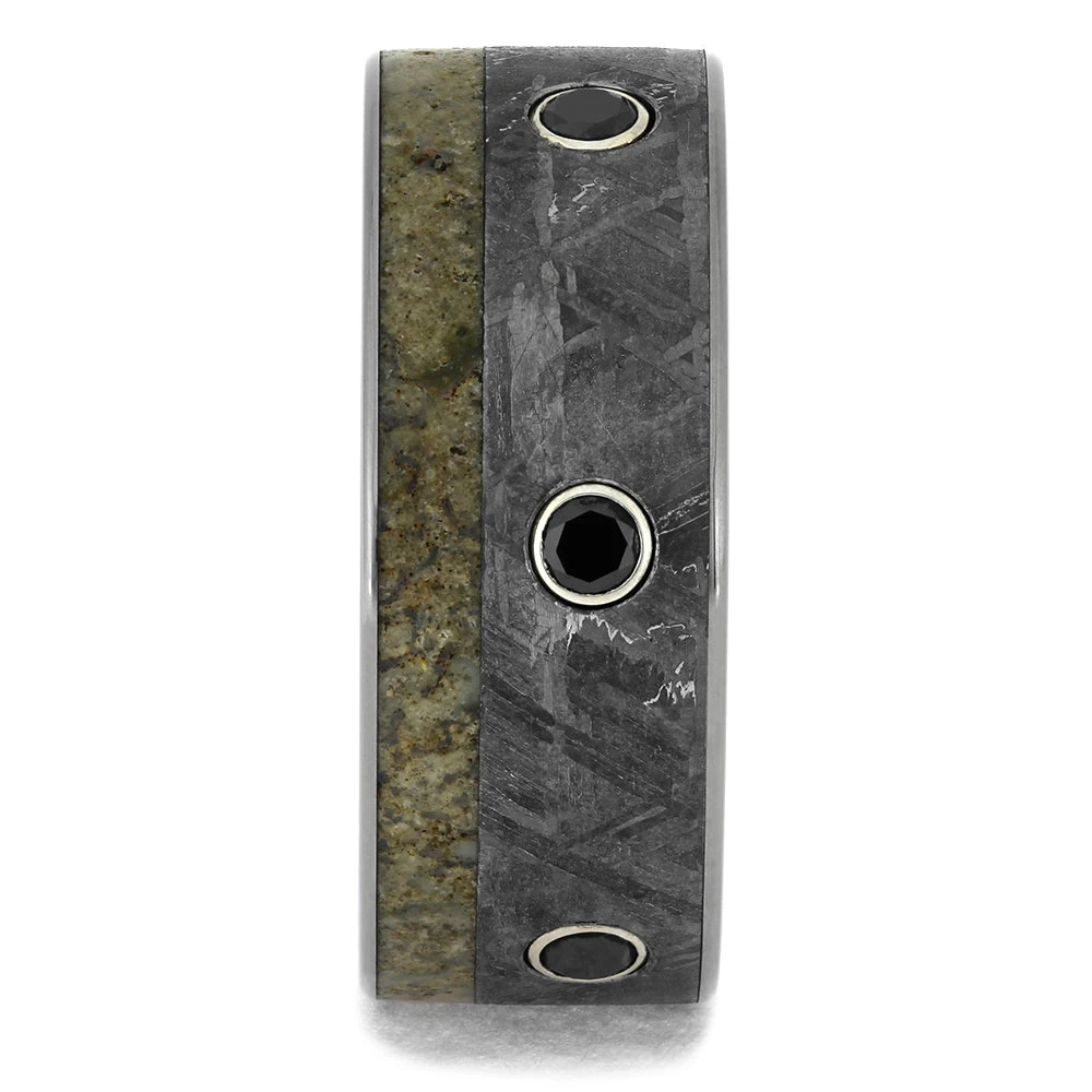 Black Diamond Men's Wedding Band, Meteorite Ring With Dinosaur Bone 5 Black Diamond Men's Wedding Band, Meteorite Ring With Dinosaur Bone - Image 3