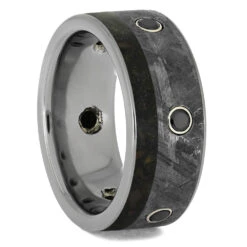 Black Diamond Men's Wedding Band, Meteorite Ring With Dinosaur Bone 9 Black Diamond Men's Wedding Band, Meteorite Ring With Dinosaur Bone -Johan Jewelry Shop 2600ECrushed
