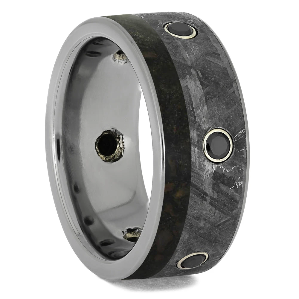 Black Diamond Men's Wedding Band, Meteorite Ring With Dinosaur Bone 6 Black Diamond Men's Wedding Band, Meteorite Ring With Dinosaur Bone - Image 4