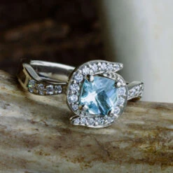 Aquamarine Halo Engagement Ring With Antler Inlay