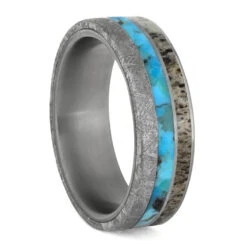 Meteorite Wedding Band With Turquoise & Deer Antler -Johan Jewelry Shop 2611new1