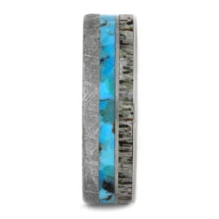 Meteorite Wedding Band With Turquoise & Deer Antler -Johan Jewelry Shop 2611new2