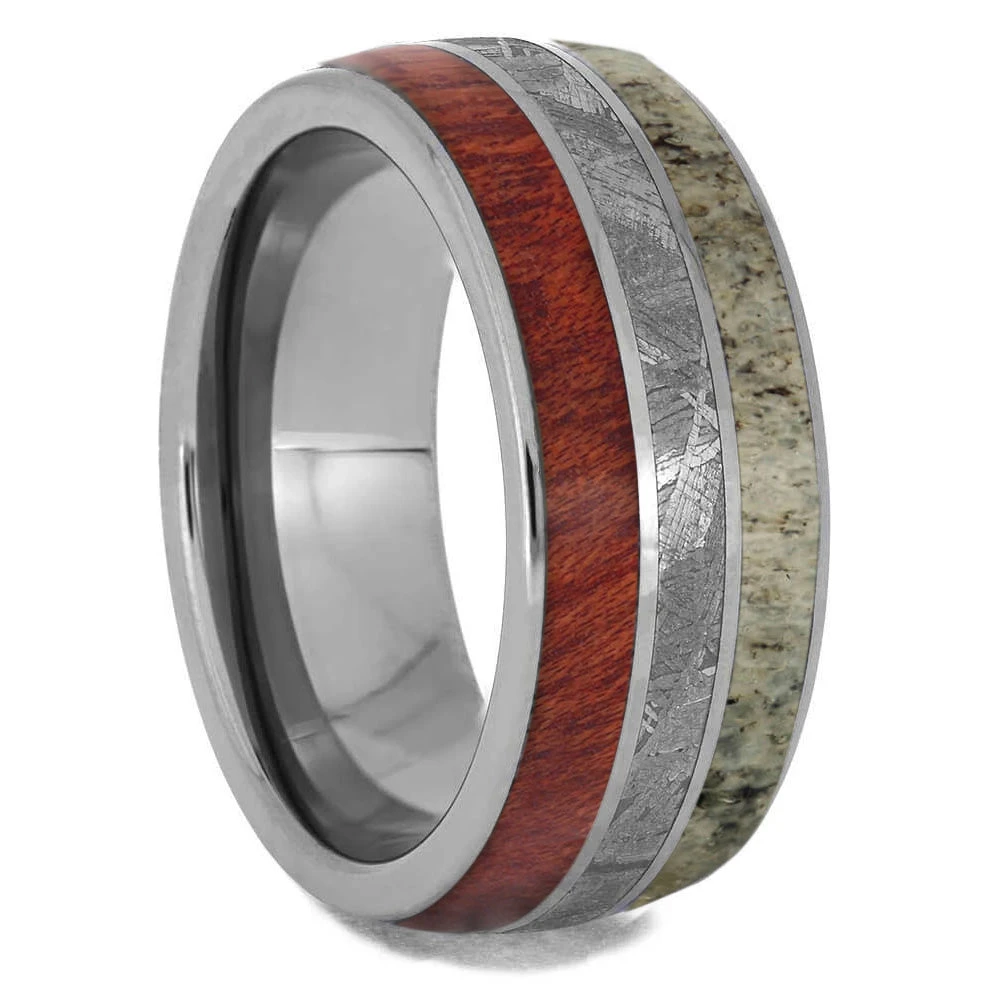 Men's Wedding Band With Wood, Meteorite & Antler 4 Men's Wedding Band With Wood, Meteorite & Antler - Image 2
