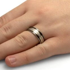 Ebony Wood Wedding Band With Gibeon Meteorite -Johan Jewelry Shop 2647Handshot