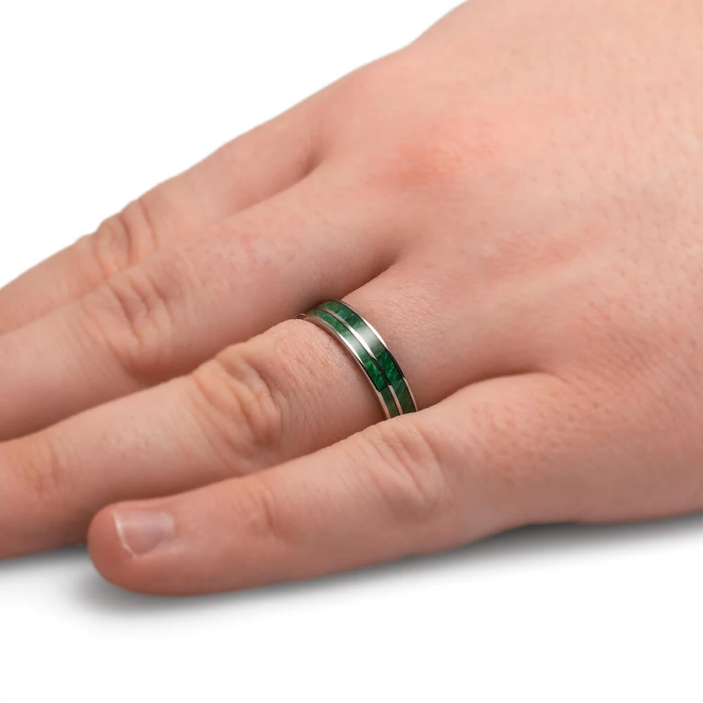 Narrow Wedding Band With Green Burl Wood 8 Narrow Wedding Band With Green Burl Wood - Image 6