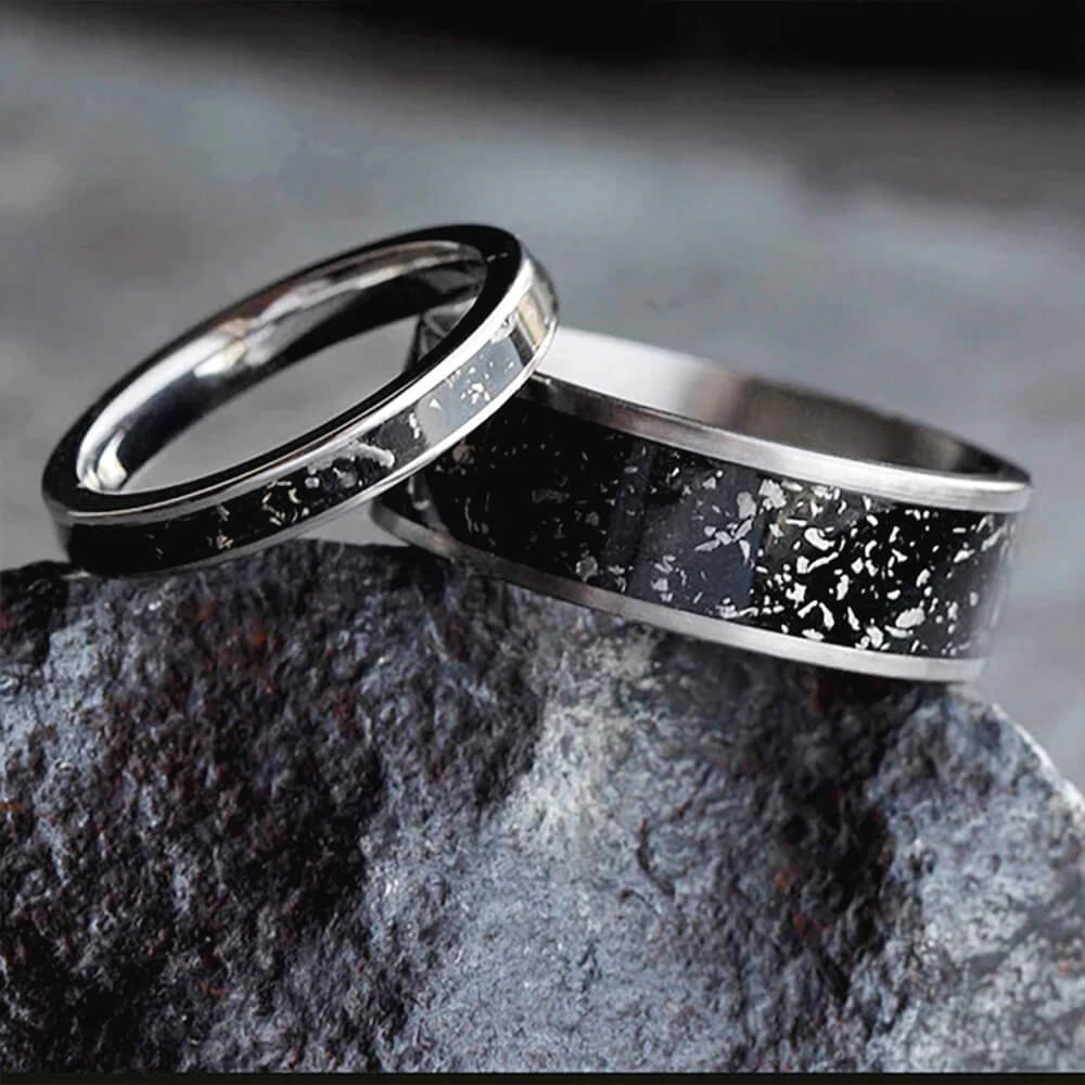 Black Stardust™ Wedding Band Set, His And Hers Meteorite Rings 3 Black Stardust™ Wedding Band Set, His And Hers Meteorite Rings