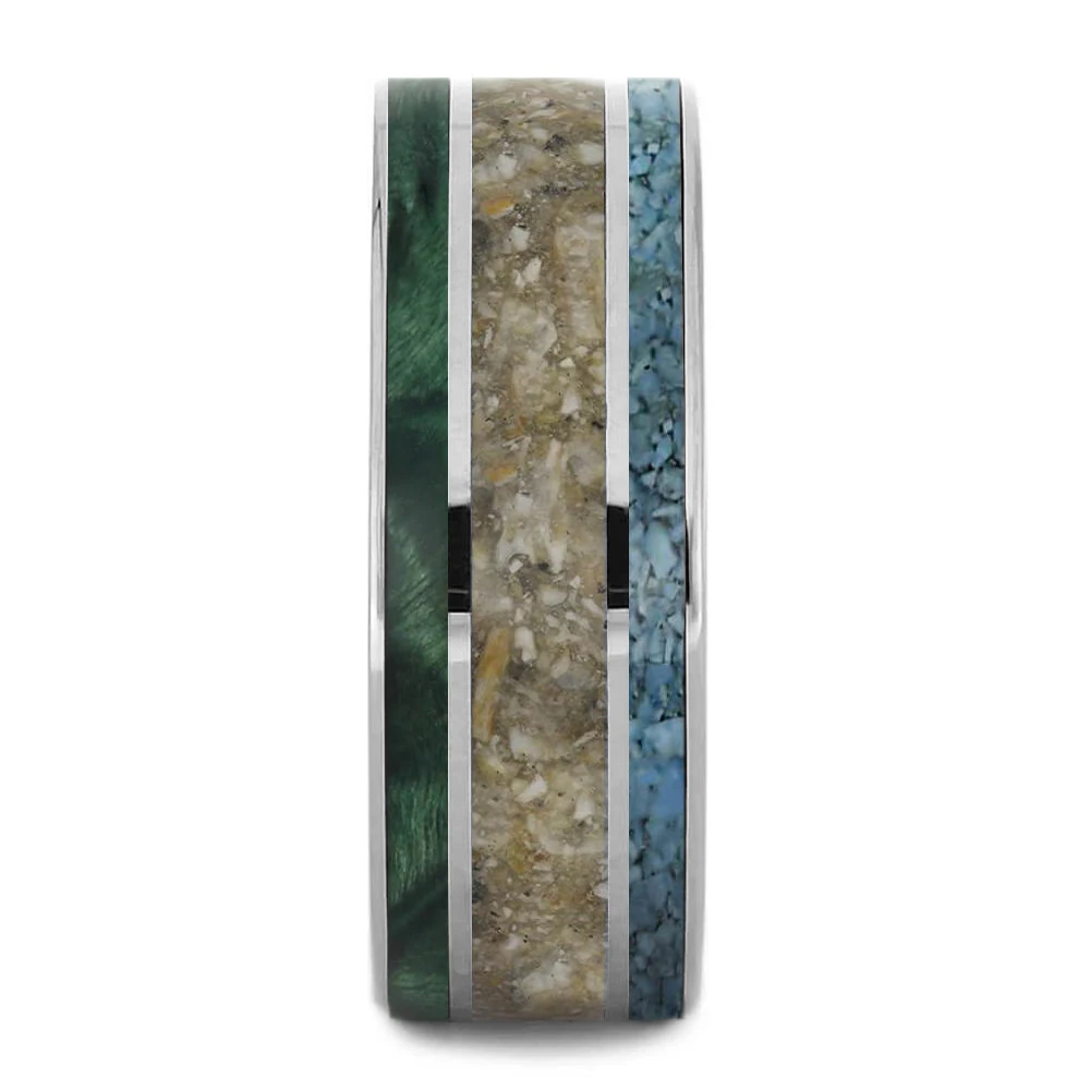 Triple Inlay Memorial Ring With Ashes, Turquoise & Green Wood 5 Triple Inlay Memorial Ring With Ashes, Turquoise & Green Wood - Image 3