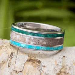 Triple Inlay Memorial Ring With Ashes, Turquoise & Green Wood 11 Triple Inlay Memorial Ring With Ashes, Turquoise & Green Wood -Johan Jewelry Shop 2691newart