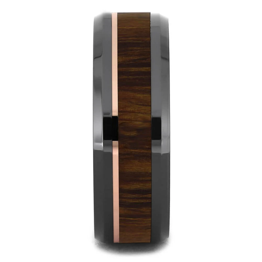 Wood & Black Ceramic Wedding Band With Rose Gold Pinstripe 5 Wood & Black Ceramic Wedding Band With Rose Gold Pinstripe - Image 3