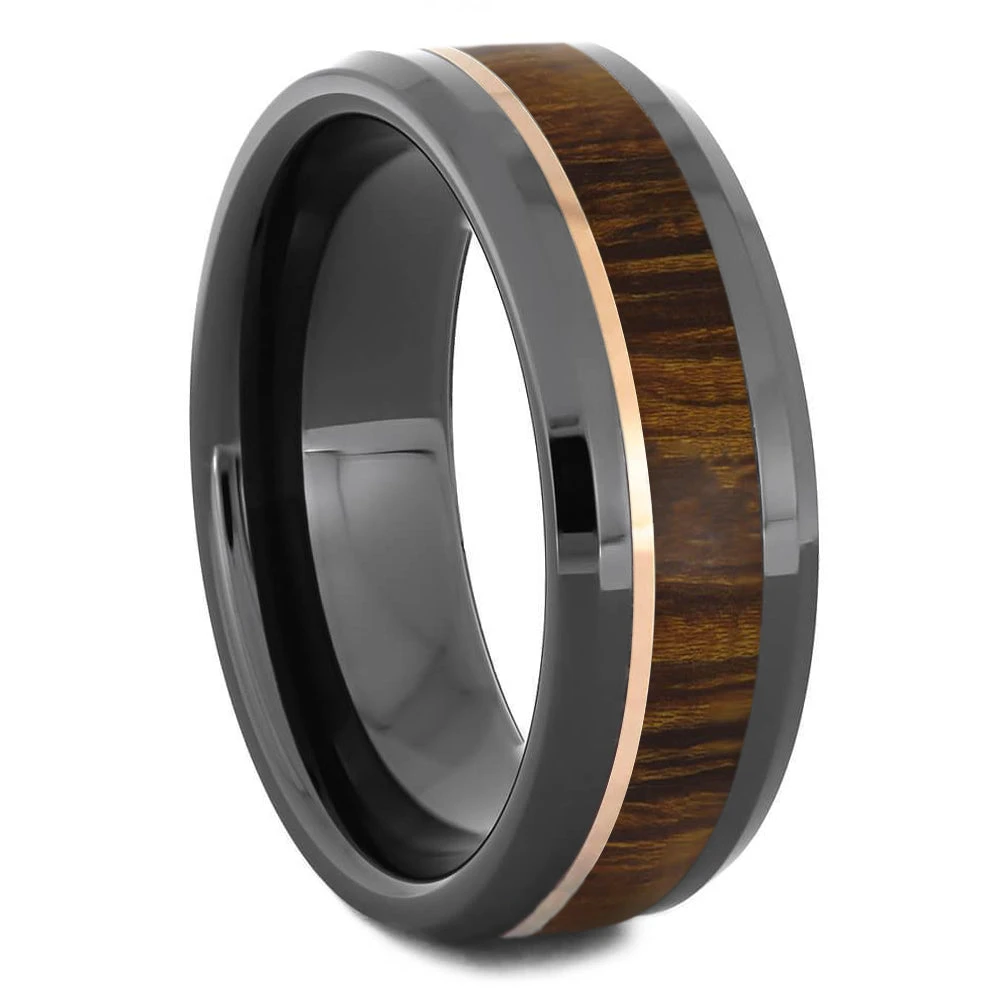 Wood & Black Ceramic Wedding Band With Rose Gold Pinstripe 4 Wood & Black Ceramic Wedding Band With Rose Gold Pinstripe - Image 2