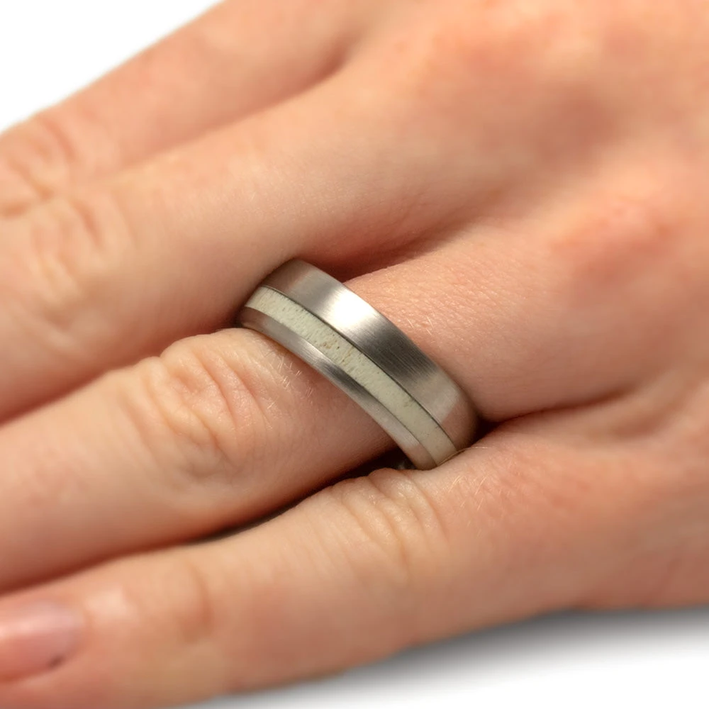 Brushed Titanium Wedding Band With Oak Wood Sleeve And Antler 8 Brushed Titanium Wedding Band With Oak Wood Sleeve And Antler - Image 6