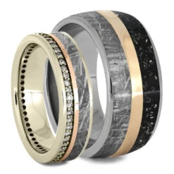 Meteorite Wedding Band Set With Rose Gold Pinstripes And Stardust