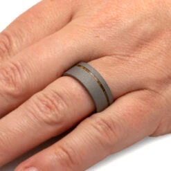 Bocote Wood Wedding Band, Sandblasted Titanium Ring -Johan Jewelry Shop 2844 Handshot
